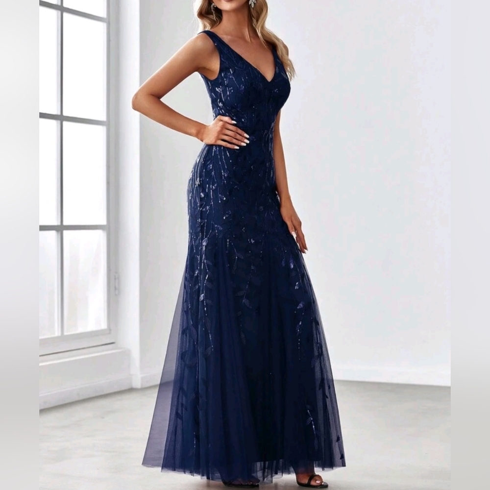 New Glam Floral Leaf Sequin Mesh Maxi Mermaid Gown Dress Navy Blue